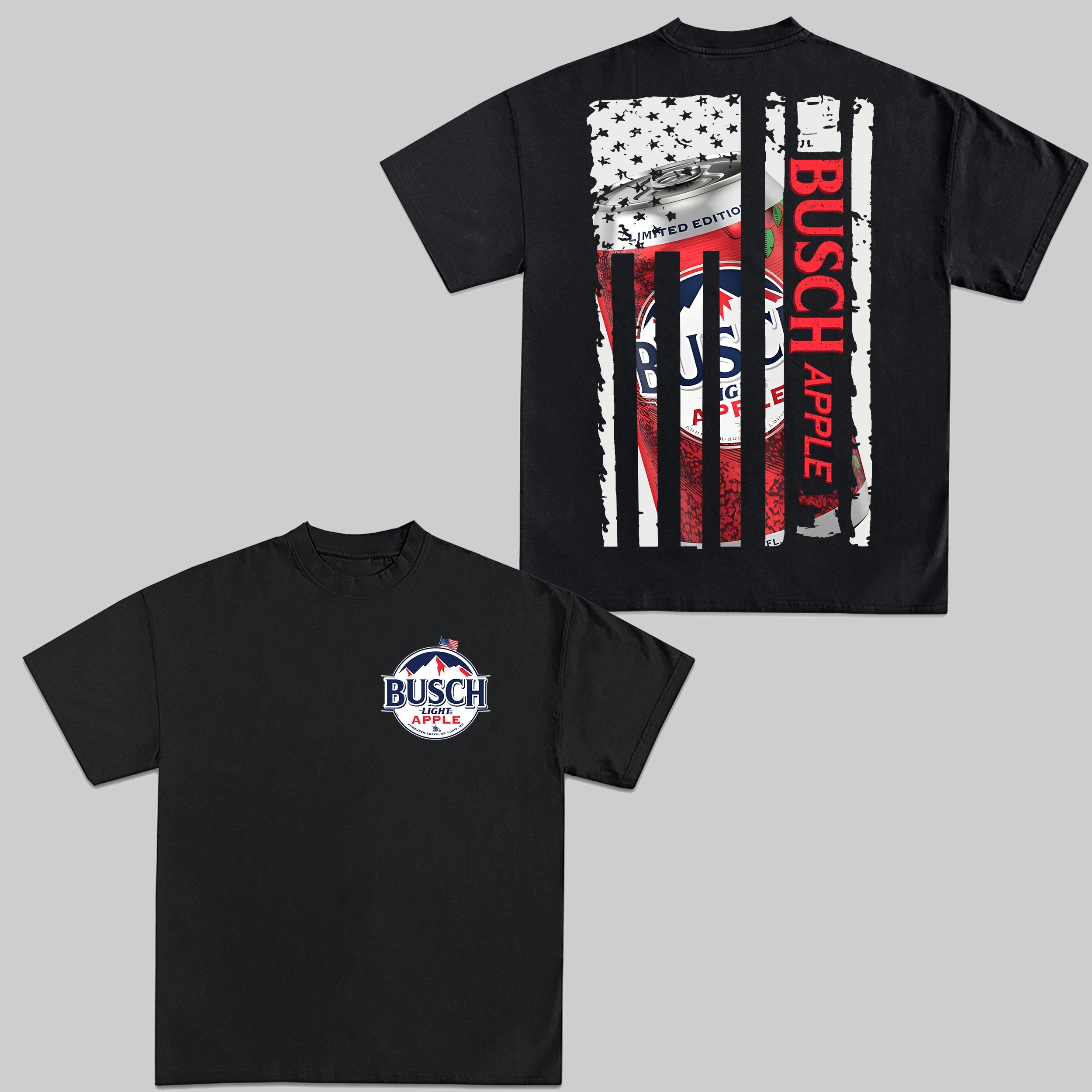 Busch Apple Beer T-Shirt – American Flag Back Print Patriotic Tee