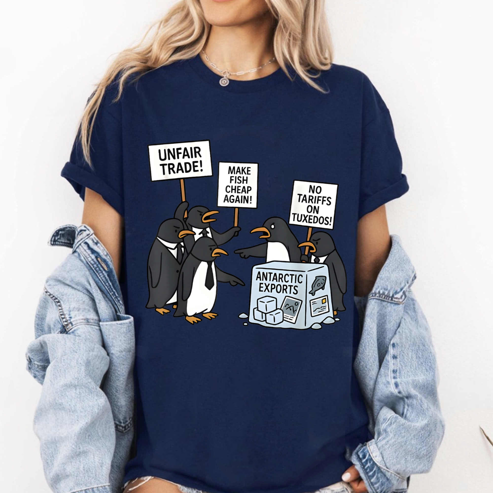 Penguin Protest Graphic Tee – Funny Arctic Trade Cartoon Shirt