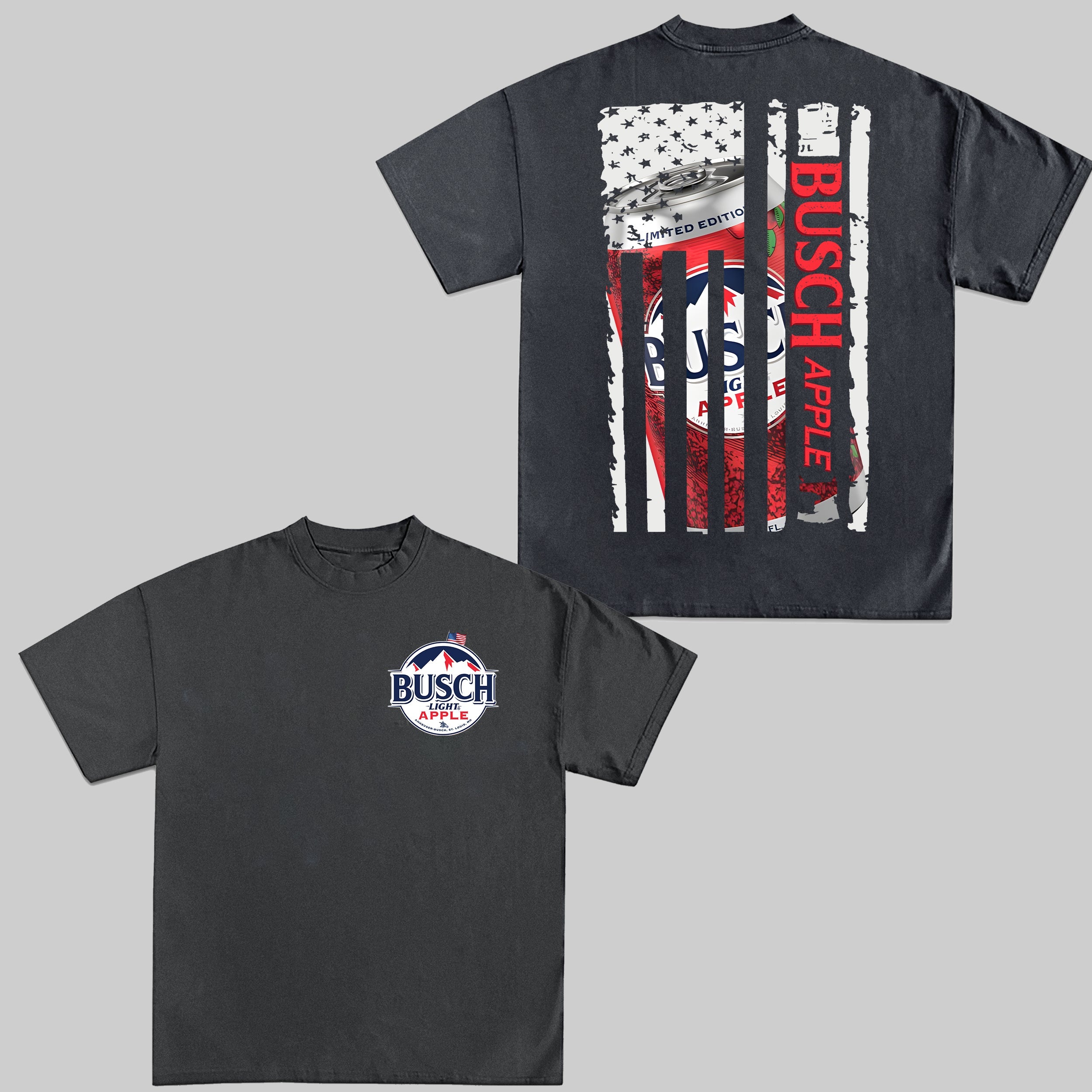 Busch Apple Beer T-Shirt – American Flag Back Print Patriotic Tee
