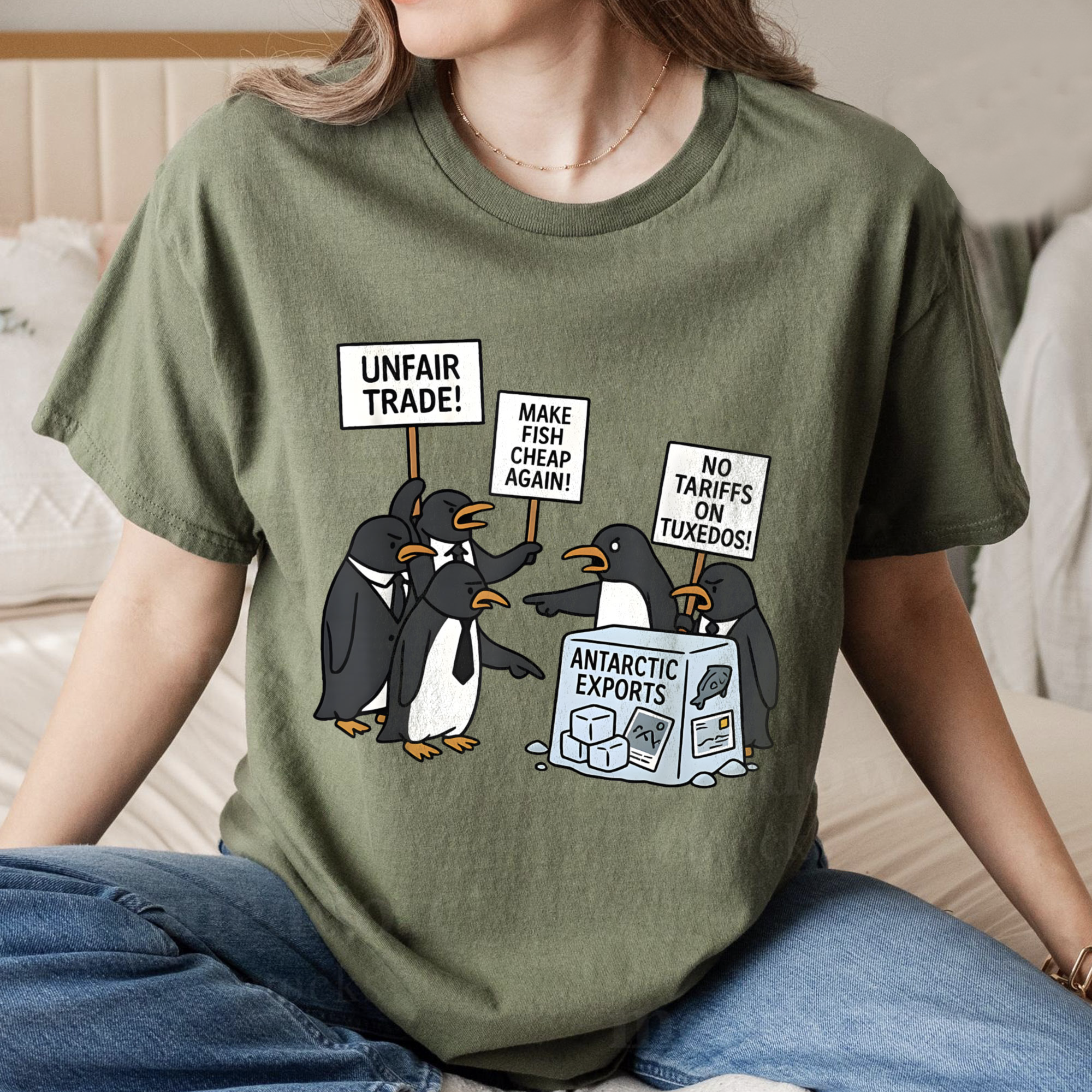 Penguin Protest Graphic Tee – Funny Arctic Trade Cartoon Shirt