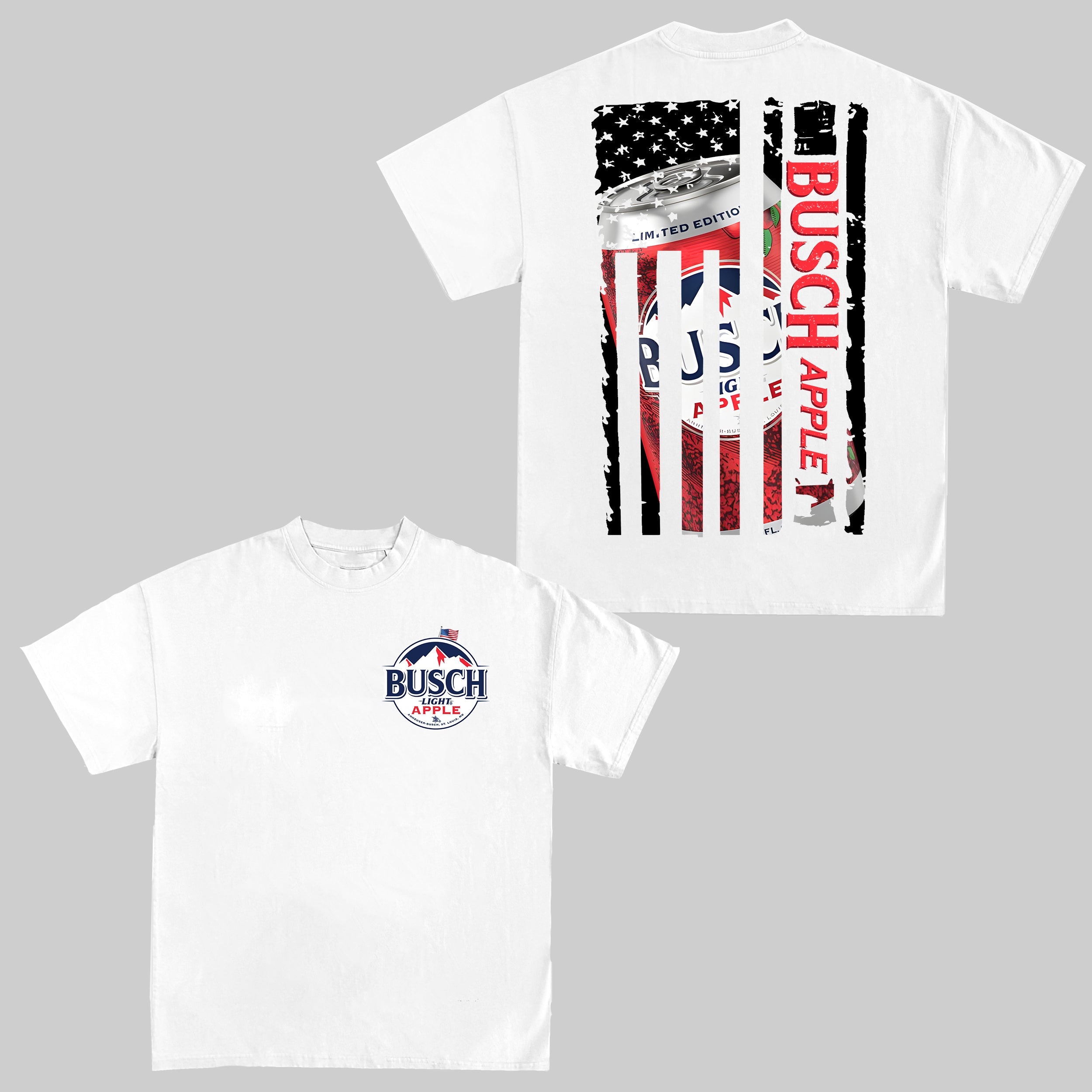 Busch Apple Beer T-Shirt – American Flag Back Print Patriotic Tee