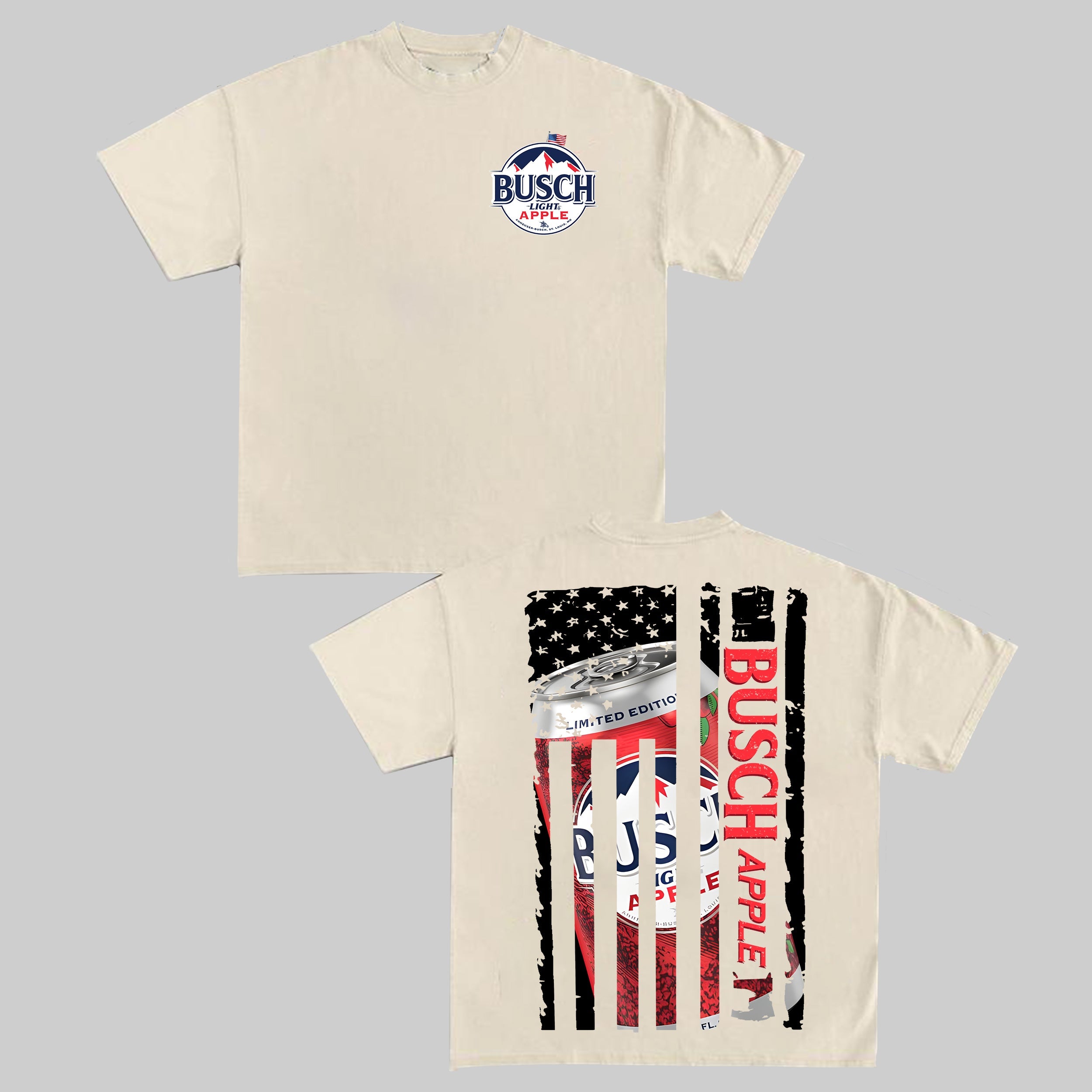 Busch Apple Beer T-Shirt – American Flag Back Print Patriotic Tee
