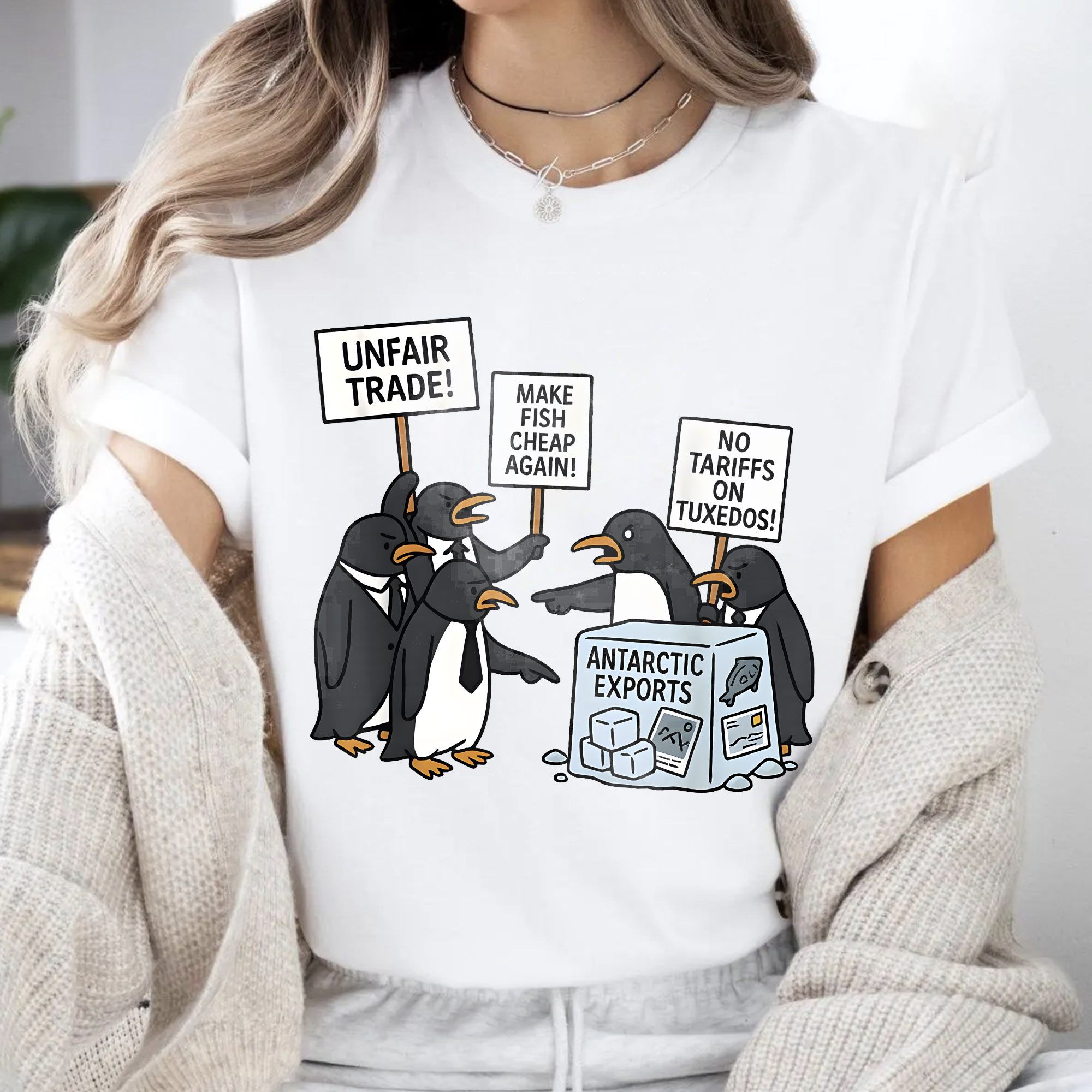Penguin Protest Graphic Tee – Funny Arctic Trade Cartoon Shirt