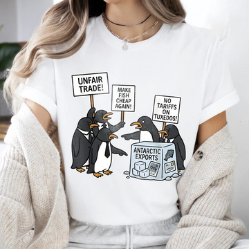 Penguin Protest Graphic Tee – Funny Arctic Trade Cartoon Shirt