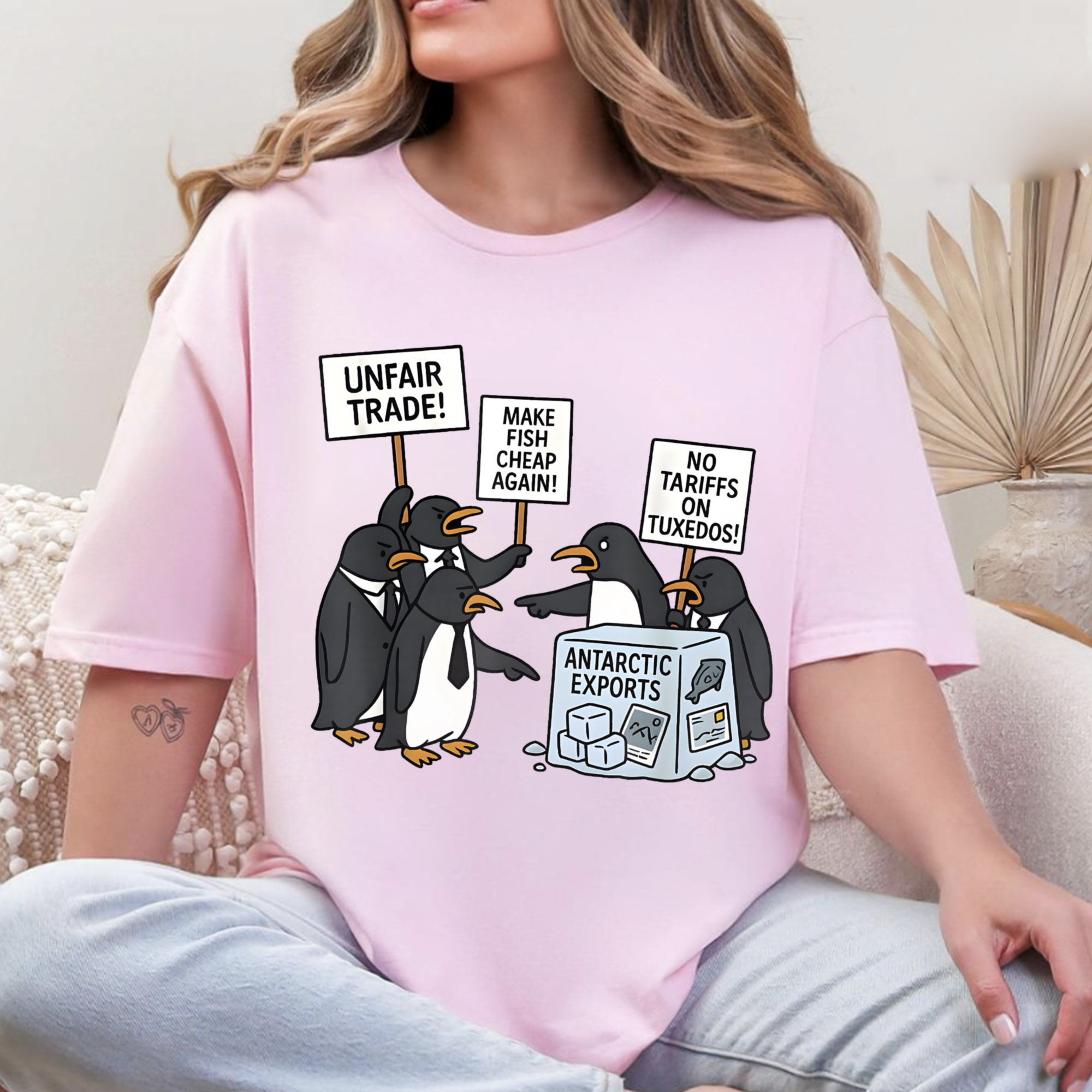 Penguin Protest Graphic Tee – Funny Arctic Trade Cartoon Shirt