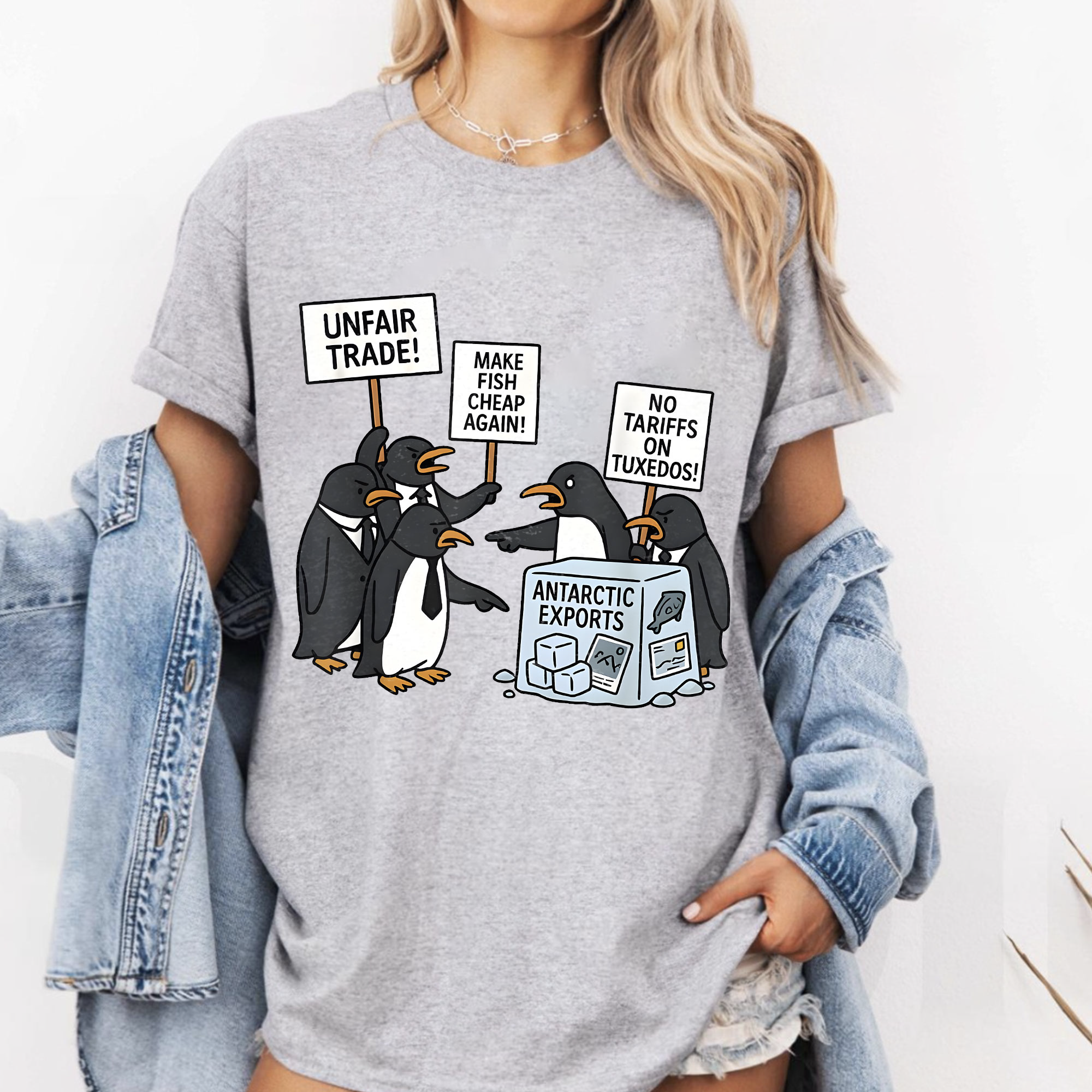 Penguin Protest Graphic Tee – Funny Arctic Trade Cartoon Shirt