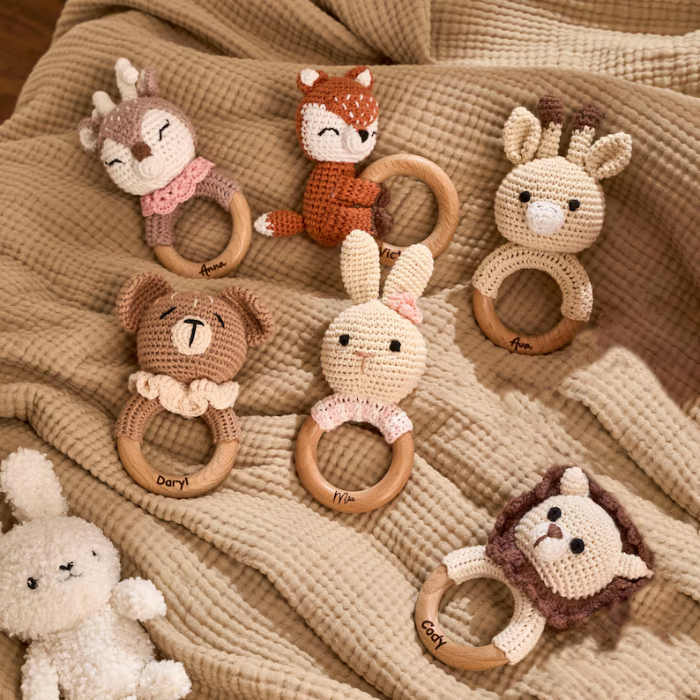 Crochet Animal Baby Rattle Toy – Personalized Wooden Teether for Newborns
