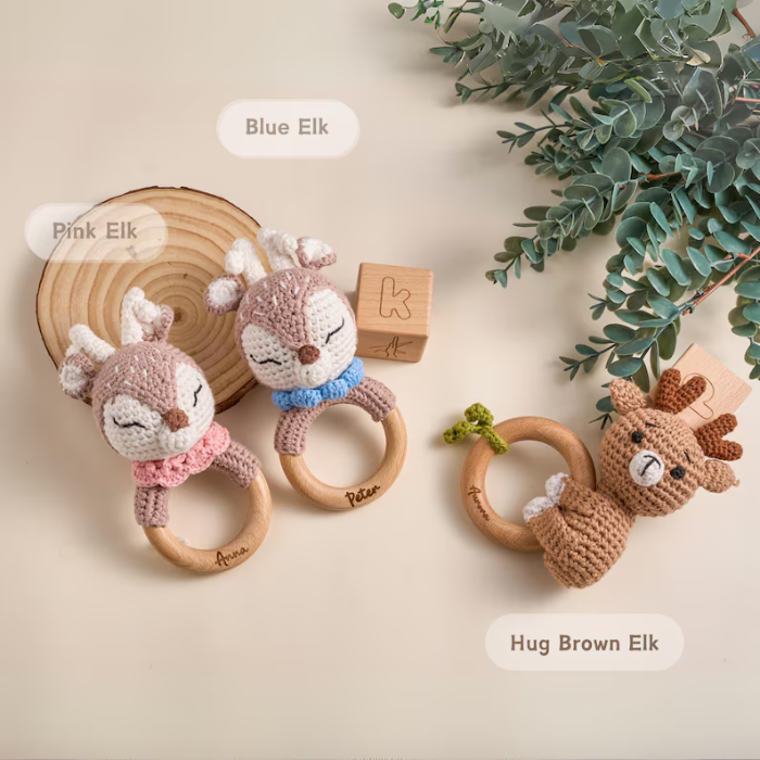 Crochet Animal Baby Rattle Toy – Personalized Wooden Teether for Newborns