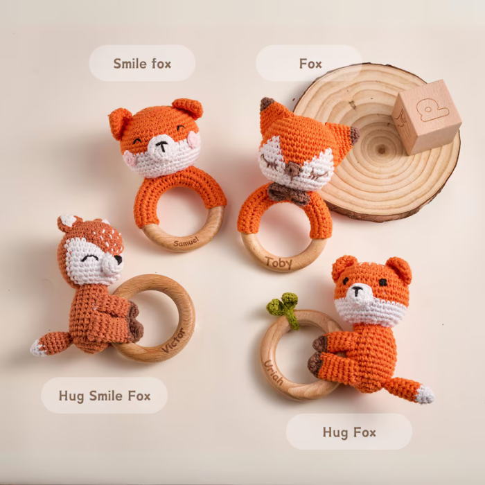 Crochet Animal Baby Rattle Toy – Personalized Wooden Teether for Newborns
