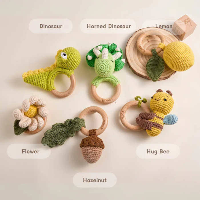 Crochet Animal Baby Rattle Toy – Personalized Wooden Teether for Newborns