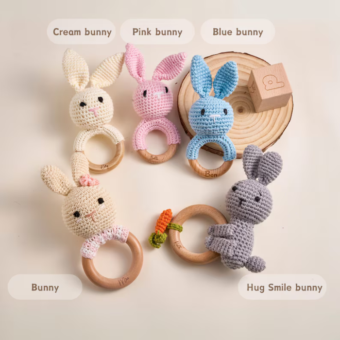 Crochet Animal Baby Rattle Toy – Personalized Wooden Teether for Newborns