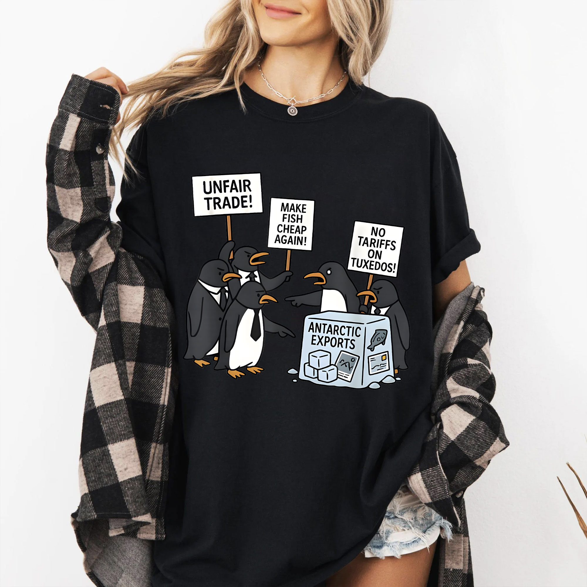 Penguin Protest Graphic Tee – Funny Arctic Trade Cartoon Shirt