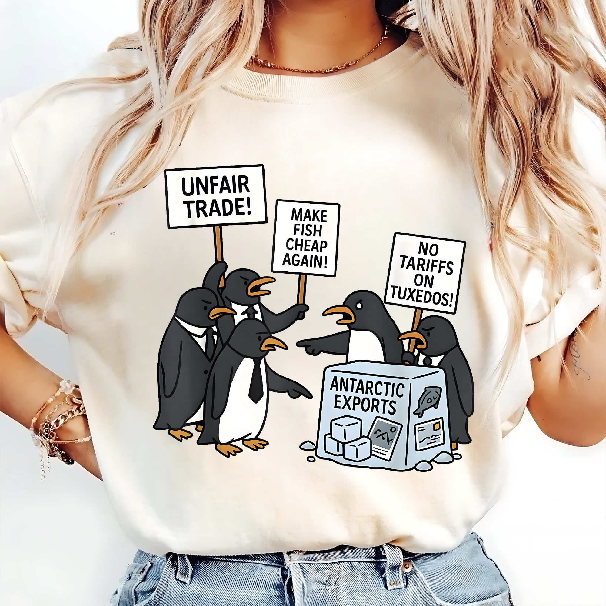 Penguin Protest Graphic Tee – Funny Arctic Trade Cartoon Shirt