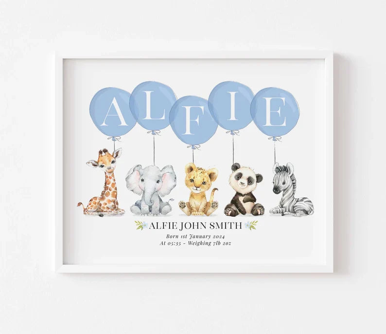 Personalized Safari Animal Nursery Print – Custom Baby Name Wall Art with Birth Stats, Balloon Letters