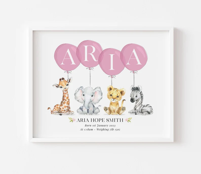 Personalized Safari Animal Nursery Print – Custom Baby Name Wall Art with Birth Stats, Balloon Letters