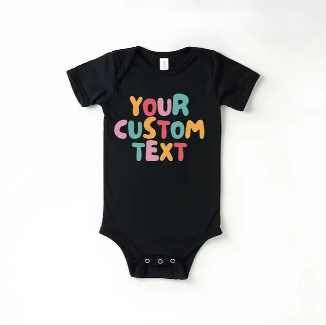 Personalized Baby Onesie or Toddler Shirt – Custom Text in Colorful Font