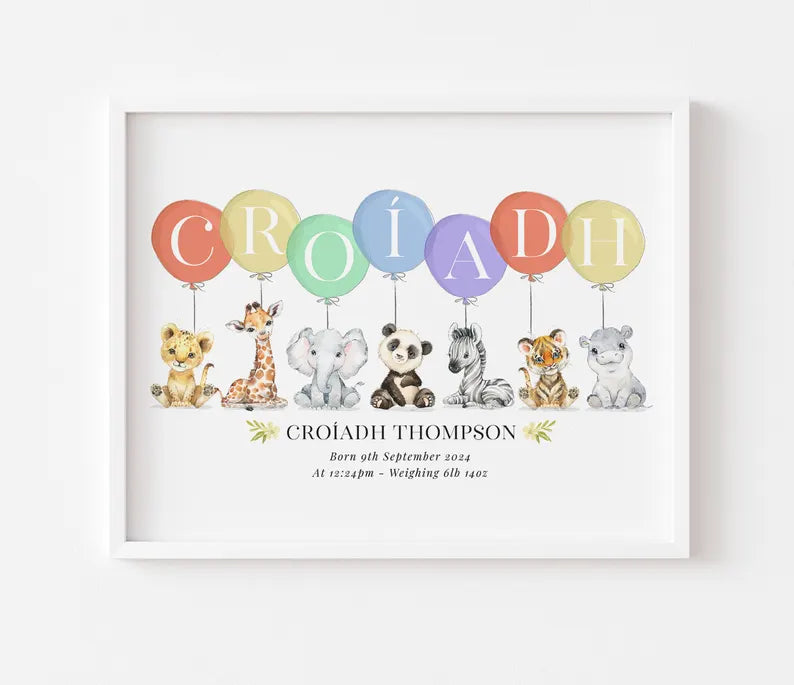Personalized Safari Animal Nursery Print – Custom Baby Name Wall Art with Birth Stats, Balloon Letters