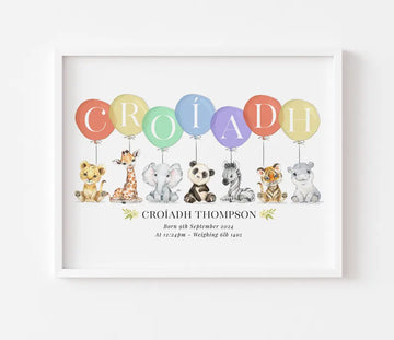 Personalized Safari Animal Nursery Print – Custom Baby Name Wall Art with Birth Stats, Balloon Letters