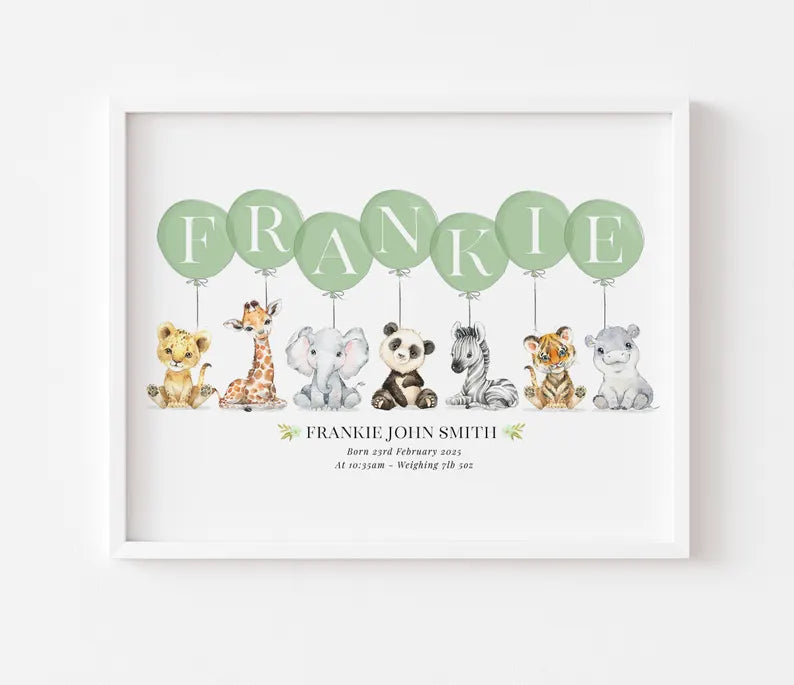Personalized Safari Animal Nursery Print – Custom Baby Name Wall Art with Birth Stats, Balloon Letters