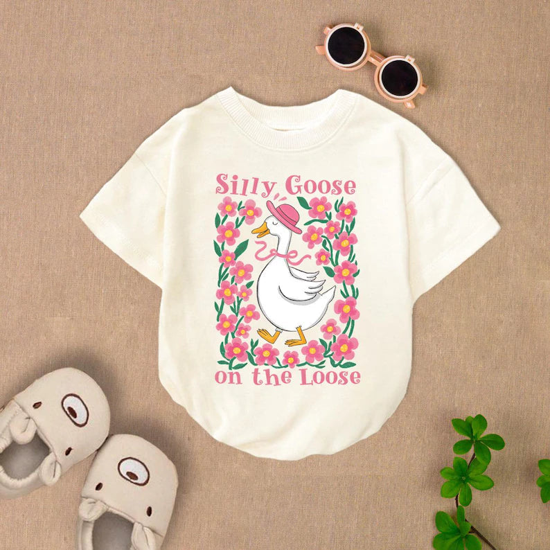 Silly Goose Baby Romper | Funny Duck Infant Bodysuit | Floral Cartoon Baby Clothes