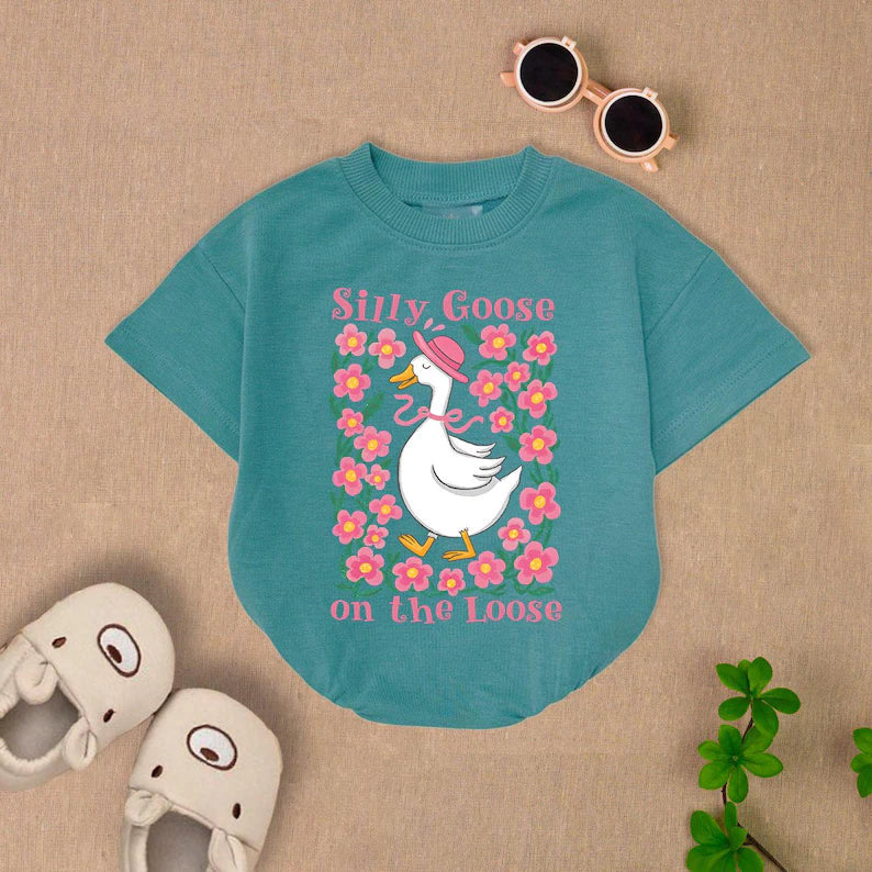 Silly Goose Baby Romper | Funny Duck Infant Bodysuit | Floral Cartoon Baby Clothes