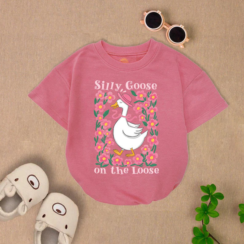 Silly Goose Baby Romper | Funny Duck Infant Bodysuit | Floral Cartoon Baby Clothes