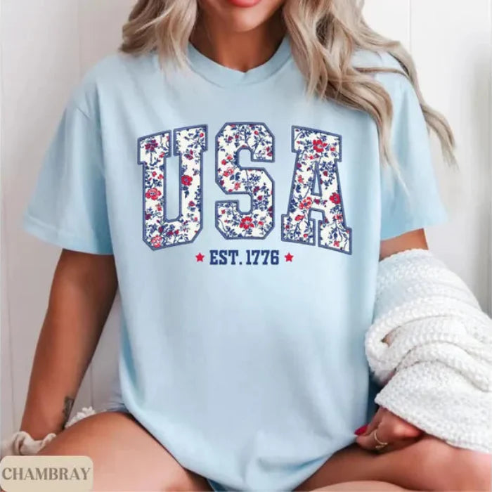 USA Floral Print T-Shirt | Vintage Patriotic Tee for Women – 4th of July Independence Day Shirt