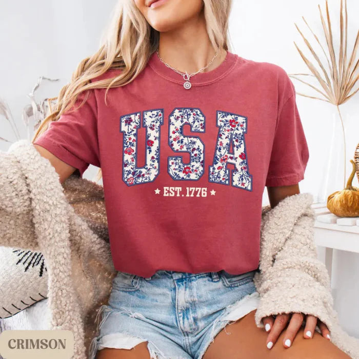 USA Floral Print T-Shirt | Vintage Patriotic Tee for Women – 4th of July Independence Day Shirt