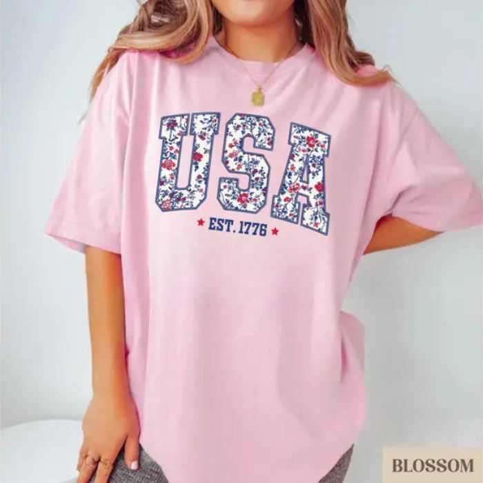 USA Floral Print T-Shirt | Vintage Patriotic Tee for Women – 4th of July Independence Day Shirt