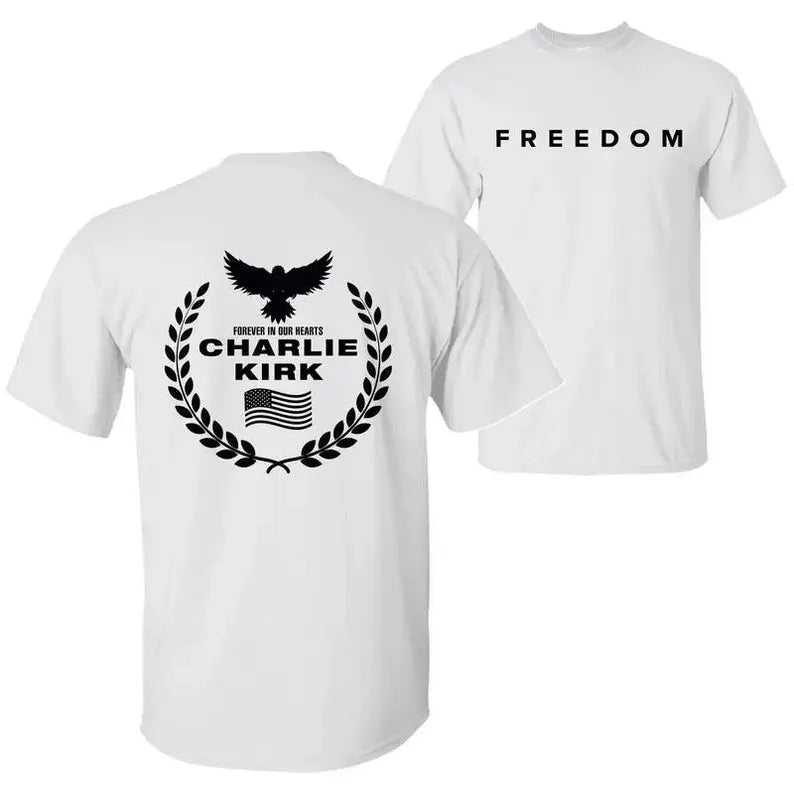 Freedom Charlie Kirk A True American Patriot Eagle Wreath “Forever in Our Hearts” T-Shirt, Prayers Up for Charlie, Human Rights Shirt