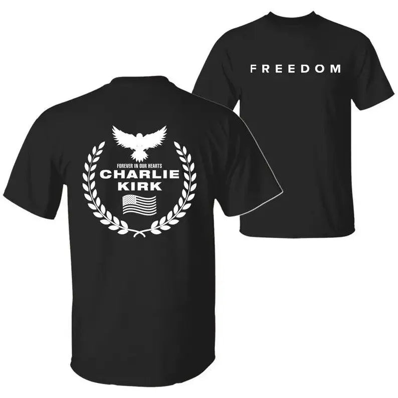 Freedom Charlie Kirk A True American Patriot Eagle Wreath “Forever in Our Hearts” T-Shirt, Prayers Up for Charlie, Human Rights Shirt